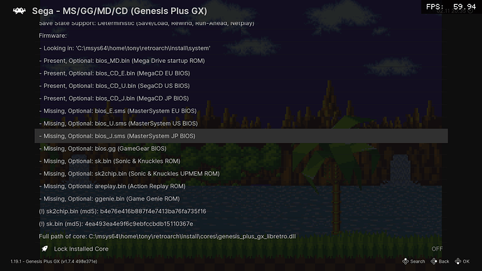 What does the exclamation mark mean against BIOS files in Core 